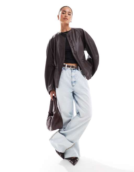 ASOS DESIGN collarless faux leather blazer with extreme sleeves in chocolate, 3 of 4