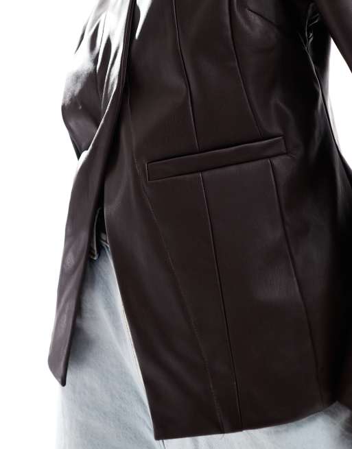 ASOS DESIGN collarless faux leather blazer with extreme sleeves in chocolate, 4 of 4