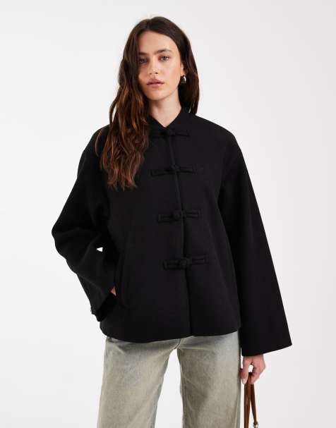 ASOS DESIGN collarless formal jacket with frog closure trim in black - view 1
