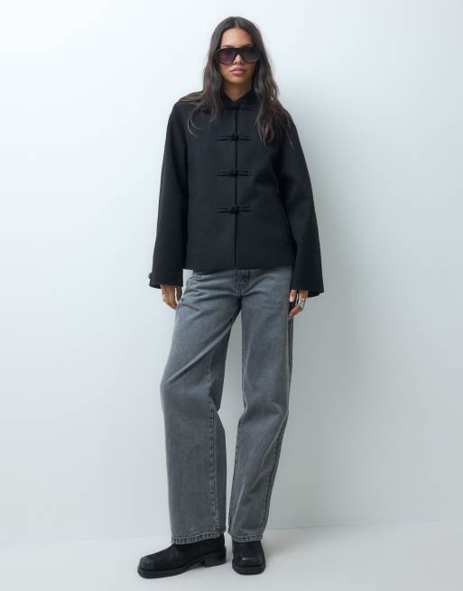 ASOS DESIGN collarless formal jacket with frog closure trim in black, 2 of 4