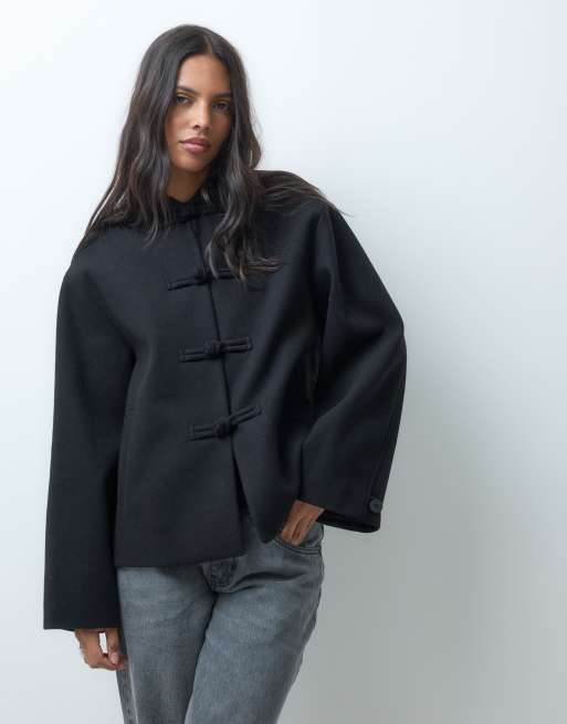 ASOS DESIGN collarless formal jacket with frog closure trim in black, 4 of 4