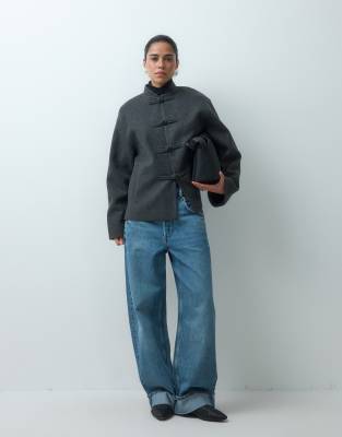 Asos Design Collarless Formal Jacket With Frog Closure Trim In Gray