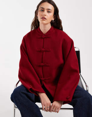 Asos Design Collarless Formal Jacket With Frog Closure Trim In Red