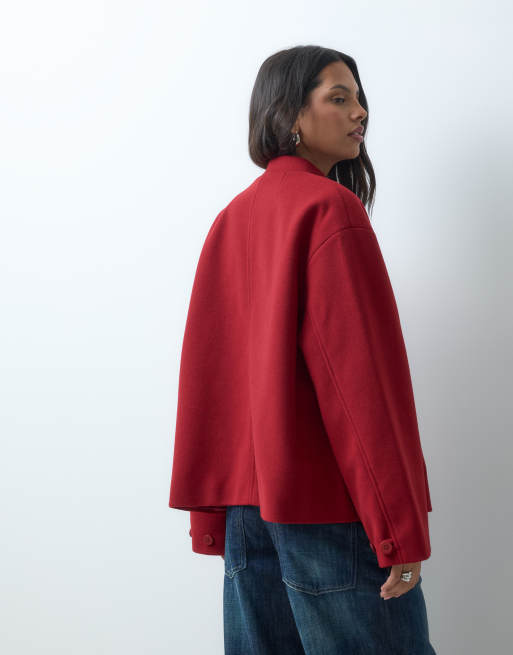 ASOS DESIGN collarless formal jacket with frog closure trim in red, 4 of 4