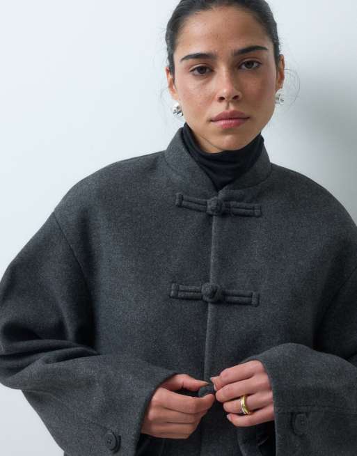 ASOS DESIGN collarless formal jacket with frog closure trims in charcoal, 2 of 4