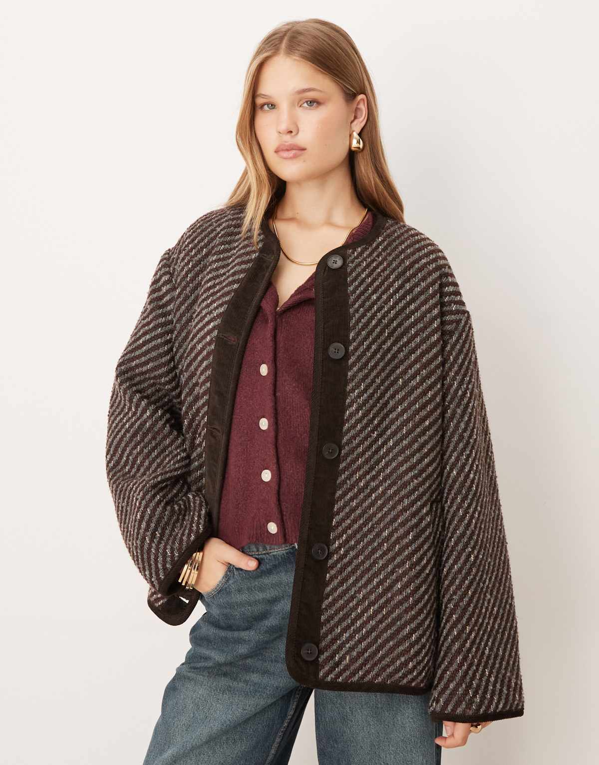 ASOS DESIGN collarless herringbone jacket in blue and burgundy