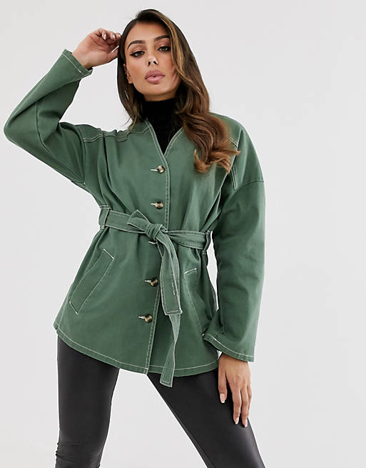 ASOS DESIGN collarless jacket with contrast stitching in khaki