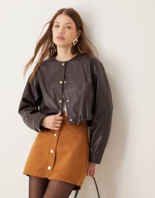 collarless leather look jacket in brown