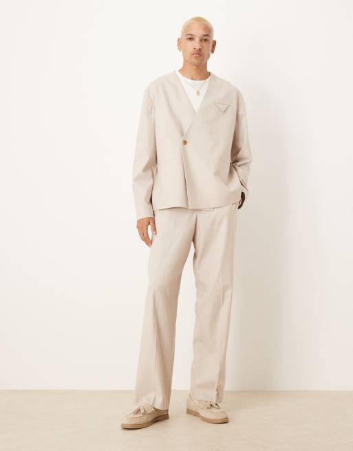 ASOS DESIGN collarless linen blend boxy suit set in stone