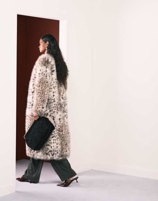 ASOS DESIGN collarless longline faux fur coat in snow leopard