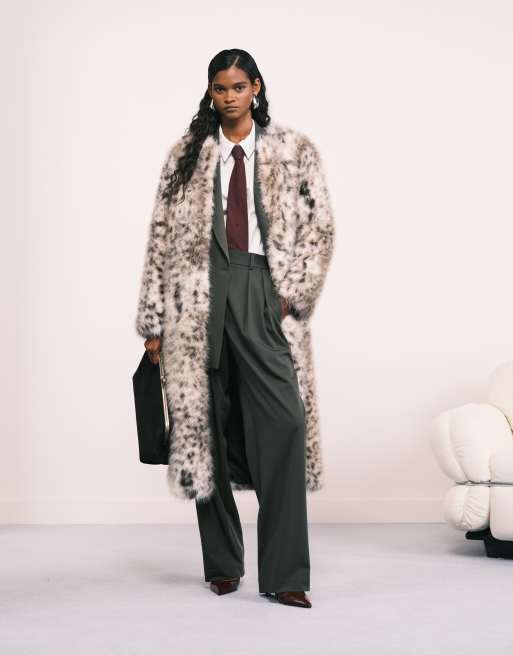 ASOS DESIGN collarless longline faux fur coat in snow leopard