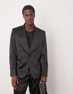 ASOS DESIGN collarless new skinny suit jacket in black satin