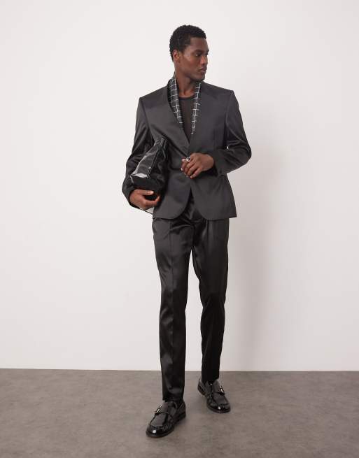 ASOS DESIGN collarless new skinny suit jacket in black satin, 4 of 5