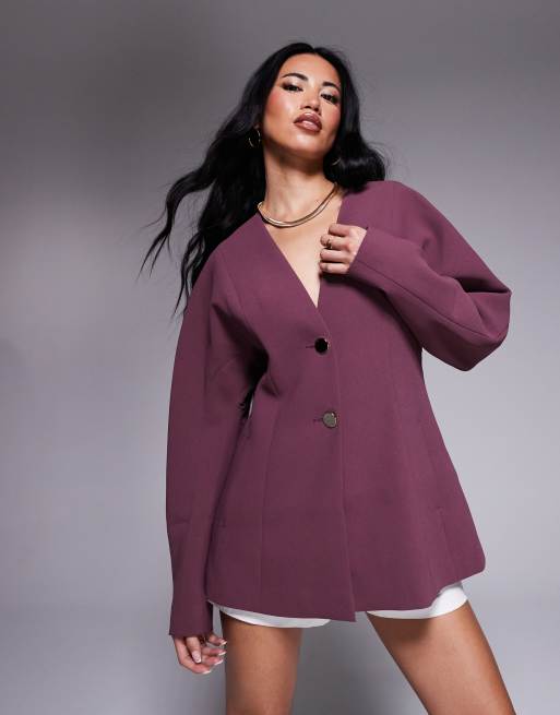 ASOS DESIGN collarless nipped waist blazer in grape