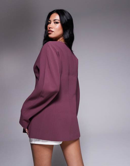 ASOS DESIGN collarless nipped waist blazer in plum, 4 of 4