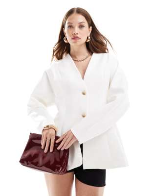 collarless nipped waist blazer in white