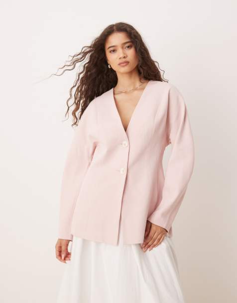 ASOS DESIGN collarless nipped waist blazer with linen in pink - view 1