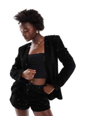 collarless nipped waist velvet sequin blazer in black