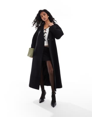 collarless nipped waist wool mix coat in black-Brown