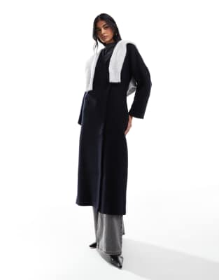 ASOS DESIGN collarless nipped waisted wool coat in navy
