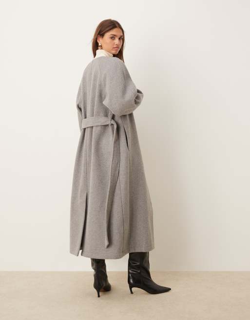 Grey collarless coat best sale
