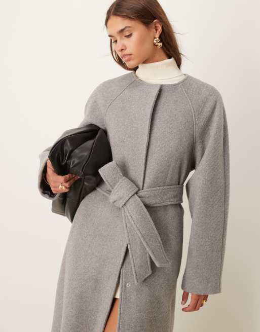 Grey collarless coat deals