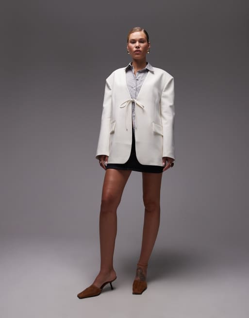 ASOS DESIGN collarless oversized tie front blazer in cream