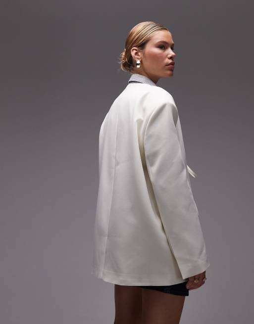ASOS DESIGN collarless oversized tie front blazer in cream