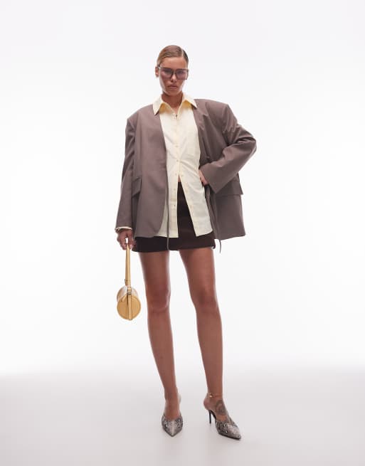 ASOS DESIGN collarless oversized tie front blazer in mocha pinstripe