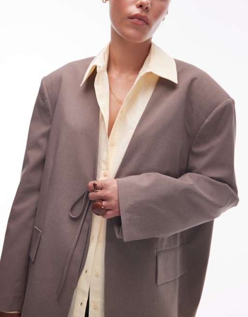 ASOS DESIGN collarless oversized tie front blazer in mocha pinstripe
