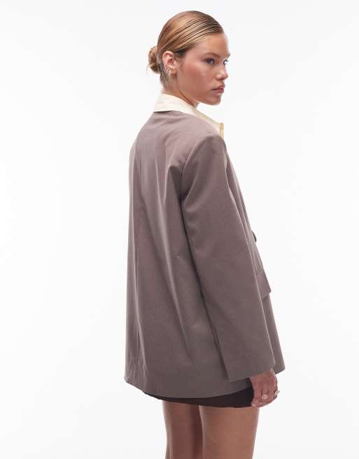 ASOS DESIGN collarless oversized tie front blazer in mocha pinstripe
