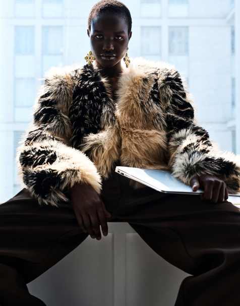 ASOS DESIGN collarless patched faux fur feathered jacket in black and white - view 1