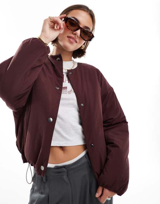 ASOS DESIGN collarless puffer jacket in burgundy