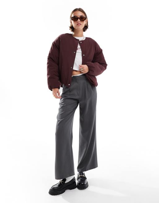 ASOS DESIGN collarless puffer jacket in burgundy | ASOS