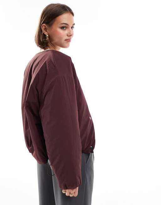 ASOS DESIGN collarless puffer jacket in burgundy