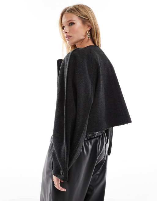 ASOS DESIGN collarless short formal jacket with sleeve detail in charcoal