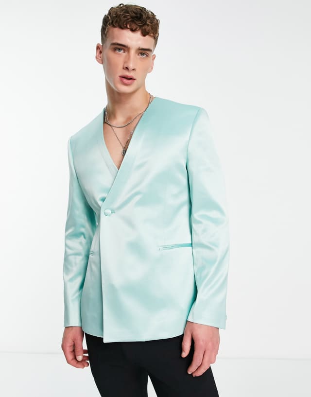 ASOS DESIGN collarless slim wrap blazer in mint green satin