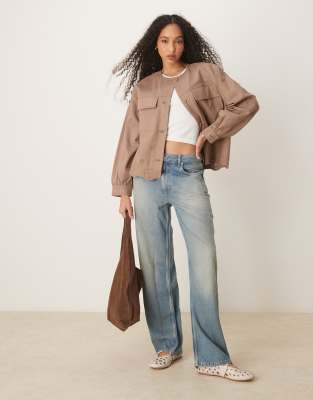 Asos Design Collarless Twill Broderie Jacket In Brown