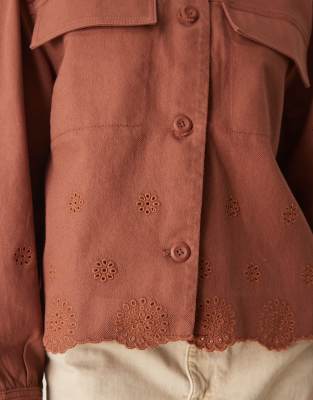 Asos Design Collarless Twill Broderie Jacket In Brown