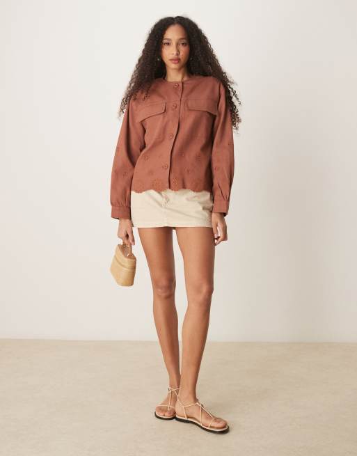 ASOS DESIGN collarless twill broderie jacket in terracotta | ASOS
