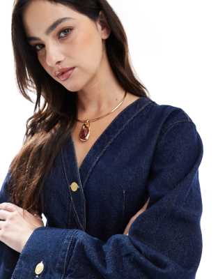 Asos Design Collarless V Neck Denim Shirt In Blue