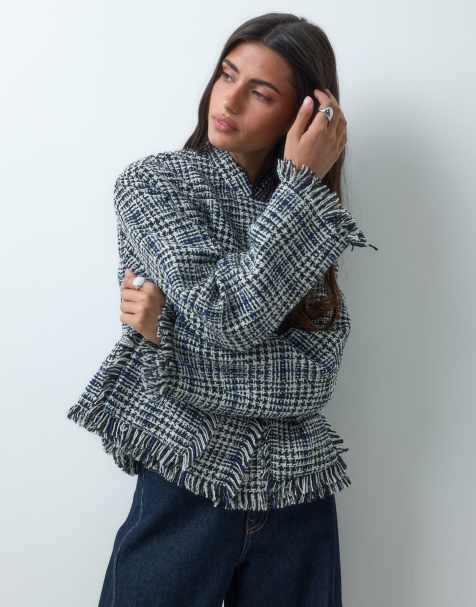 ASOS DESIGN collarless wool blend boucle jacket in black and white check - view 1