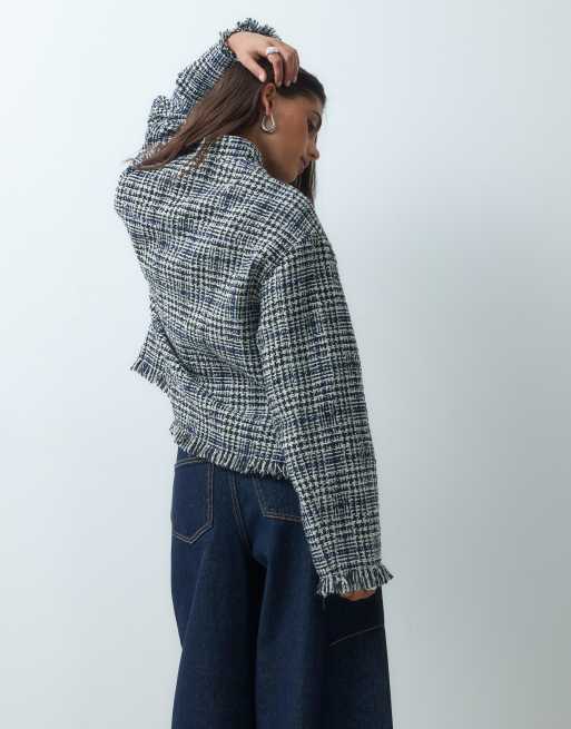 ASOS DESIGN collarless wool blend boucle jacket in black and white plaid, 3 of 4