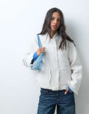 Asos Design Collarless Wool Blend Boucle Jacket In White