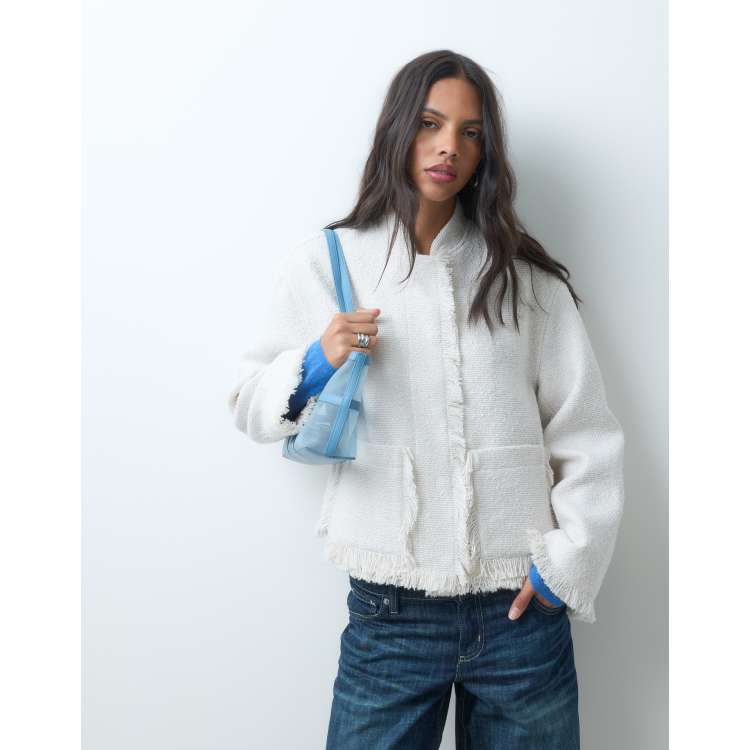 ASOS DESIGN collarless wool blend boucle jacket in cream | ASOS