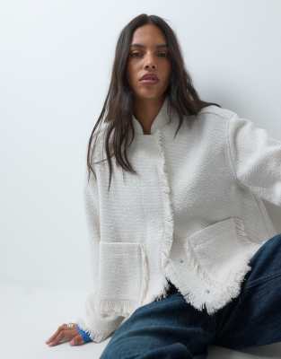 Asos Design Collarless Wool Blend Boucle Jacket In White