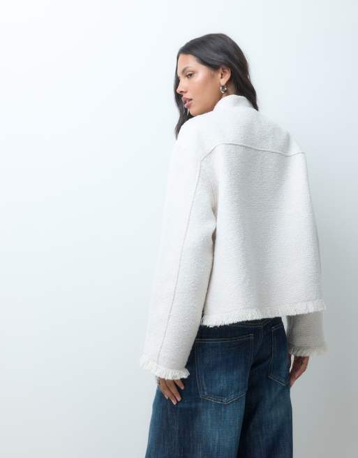 ASOS DESIGN collarless wool-look boucle jacket in cream, 3 of 4