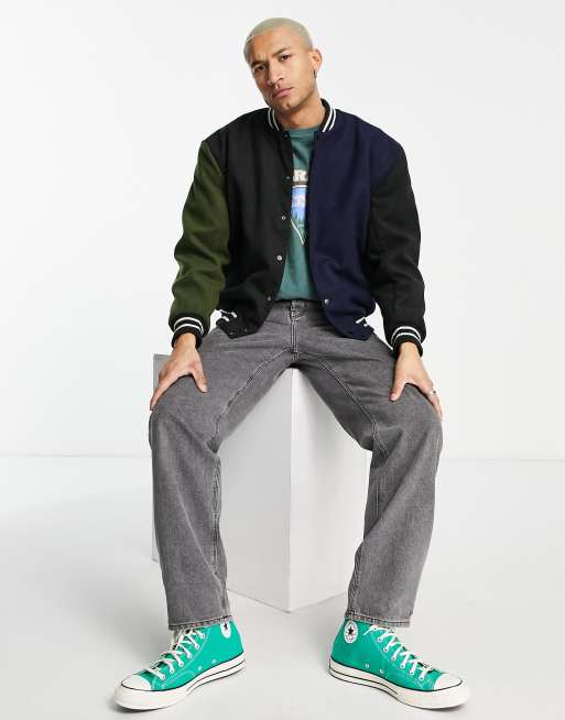 ASOS DESIGN - College-bomberjakke med splejset design i uldlook
