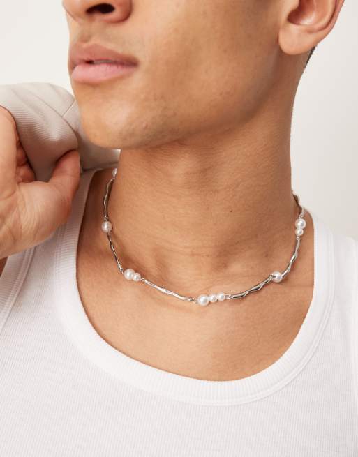ASOS DESIGN - Collier à maillons effet fondu et perles - Argenté
