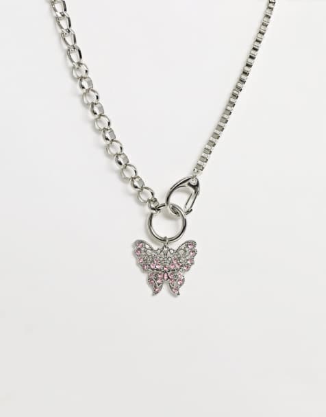 ASOS DESIGN - Collier avec chaîne métallique et pendentif papillon - Argenté